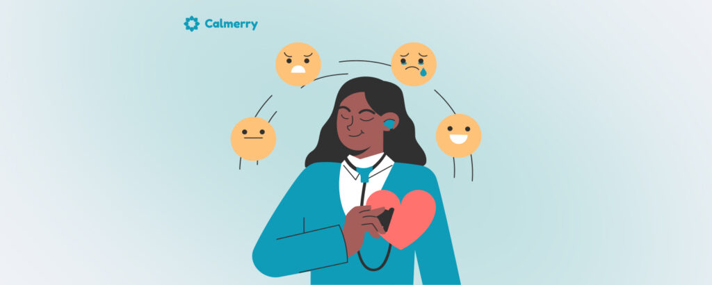 An illustration featuring a female figure conducting a mental health check-in for employees. She's depicted in the center, holding a large red heart close to her chest, signifying care and attention to emotional well-being. Around her are various emoticons with different expressions floating like thought bubbles, ranging from sad and crying to happy and content, representing a spectrum of employee emotions. The background is a calming blue, and the logo 'Calmerry' is visible in the upper left corner, suggesting a focus on tranquility and support within the workplace.